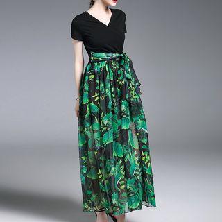 Mock Two Piece Printed Maxi Short Sleeve Dress