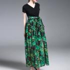 Mock Two Piece Printed Maxi Short Sleeve Dress