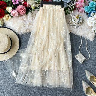 Floral Embroidered Sequined Midi A-line Mesh Skirt