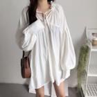 Long-sleeve Ribbon Crinkled Mini Tunic Dress White - One Size