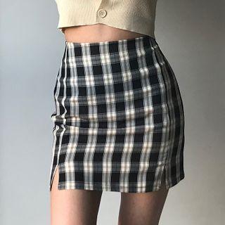 Plaid High-waist Slit Mini Pencil Skirt