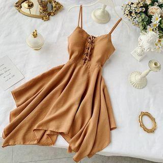 Sleeveless Spaghetti Strap Plain Irregular Mini Dress