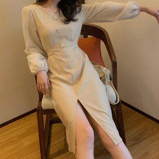 Puff-sleeve Organza Paneled Slit Dress