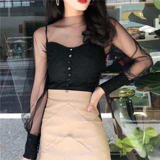 Long-sleeve Mesh-panel Lace Blouse