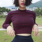 Long-sleeve Mock Neck Striped Crop Top As Shown In Figure - One Size