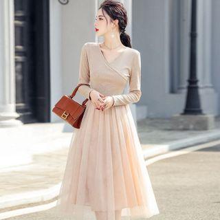 Long-sleeve V-neck Mesh Panel Midi A-line Dress