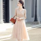 Long-sleeve V-neck Mesh Panel Midi A-line Dress