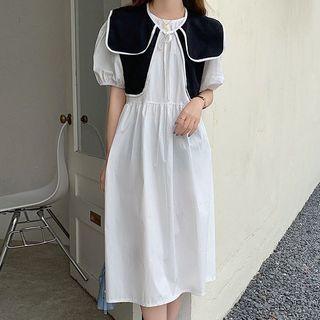 Short-sleeve Layered Collared Midi A-line Dress