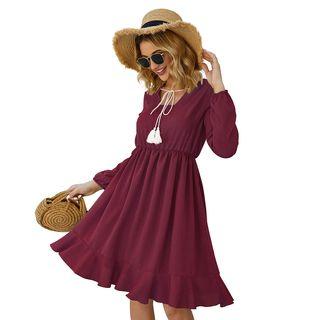 Tassel Long-sleeve Ruffle Hem A-line Dress