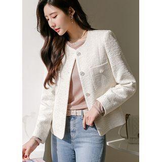 Collarless Dual-pocket Tweed Jacket Ivory - One Size