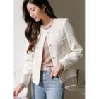 Collarless Dual-pocket Tweed Jacket Ivory - One Size