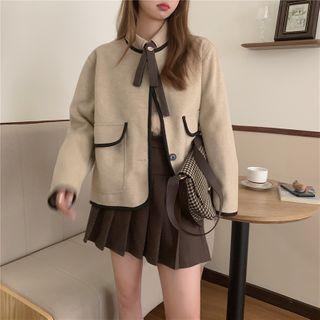 Contrast Trim Jacket / Long-sleeve Plain Shirt / Plain Pleated Mini Skirt