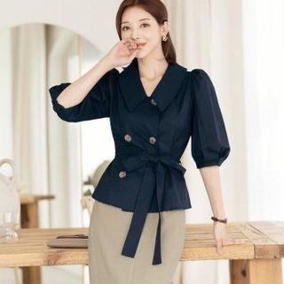 Puff-sleeve Double-breasted Blouse With Sash