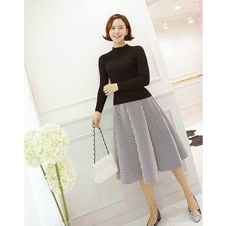Set: Mock-neck Knit Top + Stripe Midi Skirt