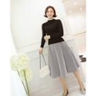 Set: Mock-neck Knit Top + Stripe Midi Skirt