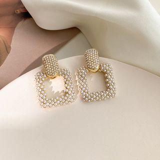 Square Faux Pearl Dangle Earring 1 Pair - Silver Needle - Gold - One Size