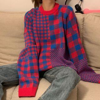 Plaid Sweater Neck - Red - One Size