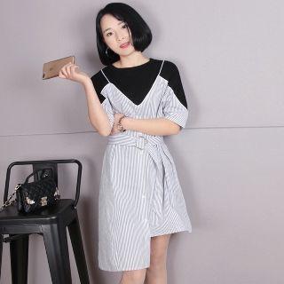 Short-sleeve Paneled Striped Asymmetric-hem Dress