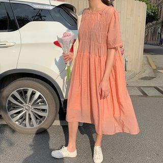 Elbow-sleeve Crinkled Midi Tunic Dress