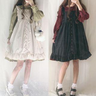 Set: Long-sleeve Frill-trim A-line Lolita Dress + Sleeveless Dress