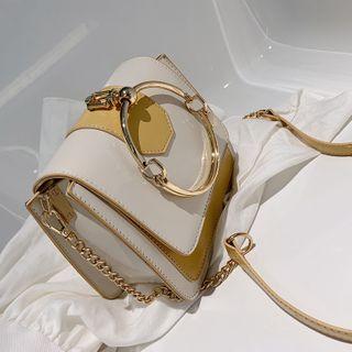 Paneled Round Handle Flap Crossbody Bag
