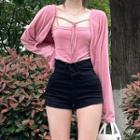 Set: Long-sleeve Lace-up Cardigan + Sleeveless Top As Figure - One Size