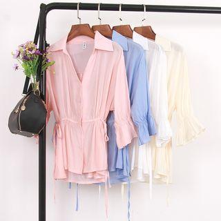 V-neck Tie-waist Elbow-sleeve Blouse