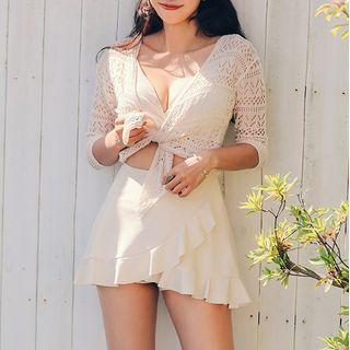 Eyelet Panel 3/4-sleeve Swim Dress