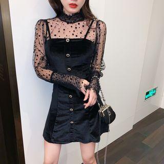 Long-sleeve Dotted Mesh Top / Spaghetti Strap Velvet Pinafore Dress