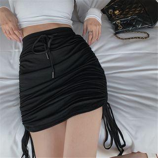 High-waist Drawstring Shirred Mini Pencil Skirt Black - One Size
