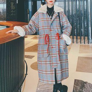 Plaid Fluffy Trim Zip Coat