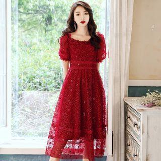 Lace Short-sleeve Party Midi A-line Dress