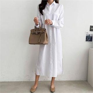 Pocket-front Slit-hem Shirtdress