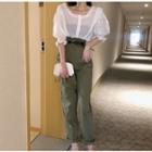 Puff-sleeve Square Neck Blouse / High-waist Straight Cut Pants