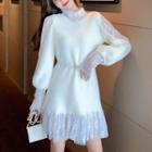 Long-sleeve Lace Mesh Mock-neck Fluffy Mini A-line Dress