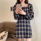 Plaid Square-neck Long-sleeve Dress