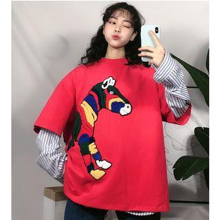 Elbow-sleeve Zebra Embroidered T-shirt