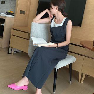 Sleeveless Square Neck Slit Midi Mock Two Piece Dress