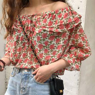 Floral Off Shoulder 3/4-sleeve Top As Shown In Figure - One Size