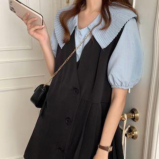 Short-sleeve Shirt / Sleeveless Pleated A-line Dress