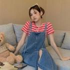 Short-sleeve Striped Top / Slit Denim Midi Overall Dress