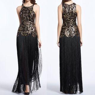 Sleeveless Embroidered Fringed Evening Gown