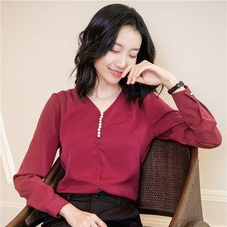Long-sleeve Faux Pearl Chiffon Top / Dress Pants / Set
