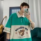 Elbow-sleeve Two-tone Bear Print Polo Shirt
