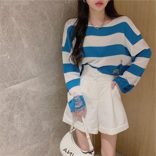 Distressed Striped Knit Crop Top