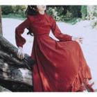 Lace Trim Balloon-sleeve Midi A-line Dress