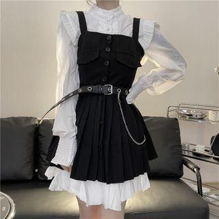 Long-sleeve Ruffle Trim Cropped Shirt / Plain Mini Skirt / Mini Overall Dress