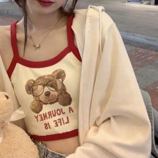 Bear Print Knit Cropped Camisole Top