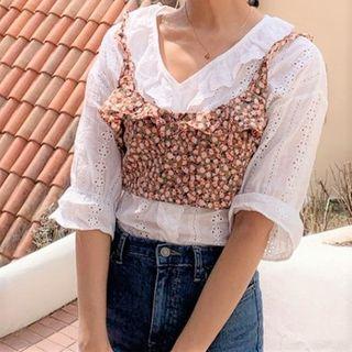 Elbow-sleeve Eyelet Blouse / Floral Print Cropped Camisole Top