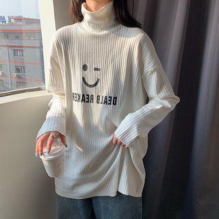 Long-sleeve Mock Neck Letter Printed Ribbed Top